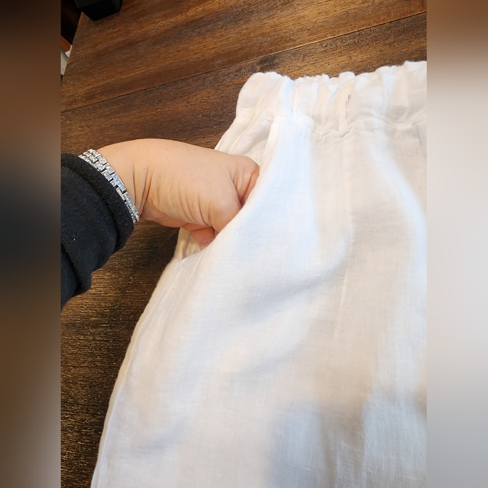 M MADE IN ITALY Bright White 100% Linen Elastic Waist Slim Leg Pants Sz M L27 - Picture 10 of 11